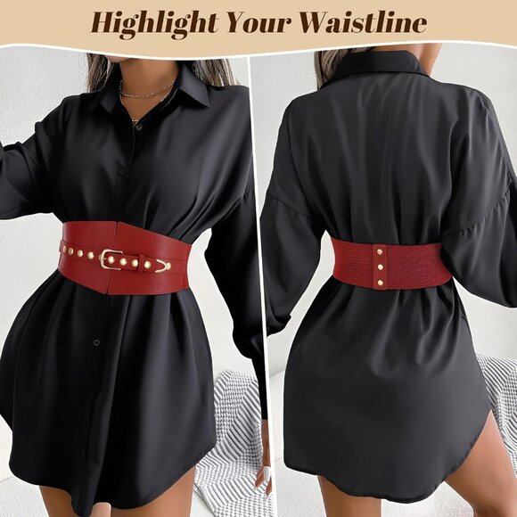 Women Elastic Chunky Stretchy Elegance Belt with Gold Rivets Buckle Daily Red - Picture 2 of 7